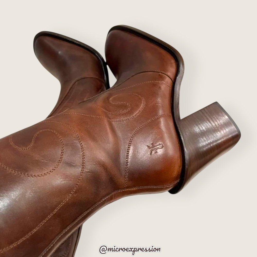 VINTAGE 1970S Frye Conrad Swirl Stitch Embroidered Cognac Brown Tall Knee Boots - Picture 10 of 15
